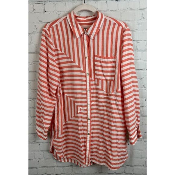 CHICO'S white coral striped lyocell button down shirt blouse tunic 2 12/14 - Picture 1 of 10